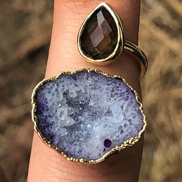 Hand Crafted Jewelry - Smoky Topaz Quartz & Natural Blue Geode Gold Plated Ring